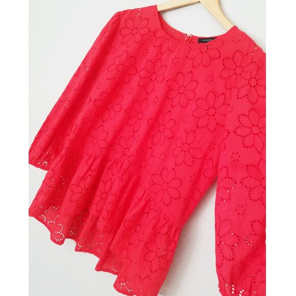 Halogen Women's M 3/4 Sleeve Eyelet Floral Peplum Blouse In Red Poinsettia $69 - Picture 14 of 16